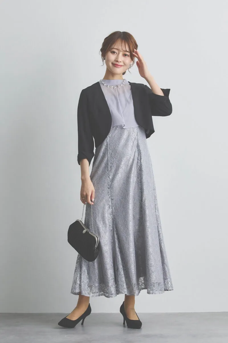 ブルーグレーのリボンブラウス付きマーメイドドレス