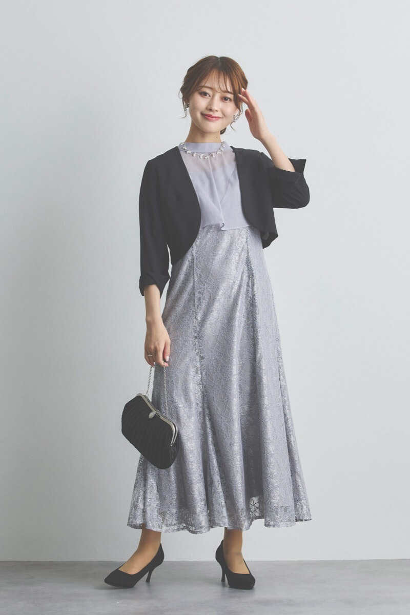 ブルーグレーのリボンブラウス付きマーメイドドレス