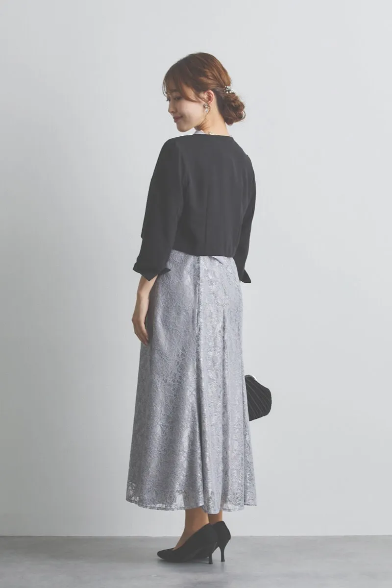 ブルーグレーのリボンブラウス付きマーメイドドレス