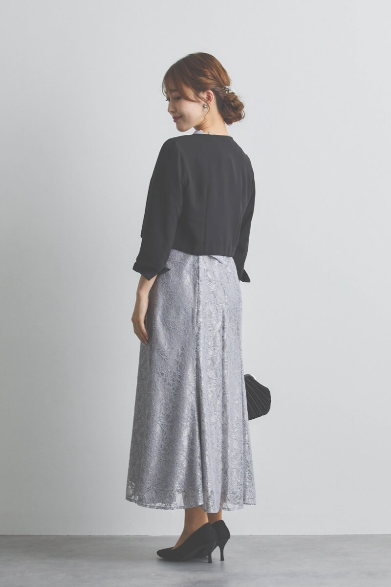 ブルーグレーのリボンブラウス付きマーメイドドレス