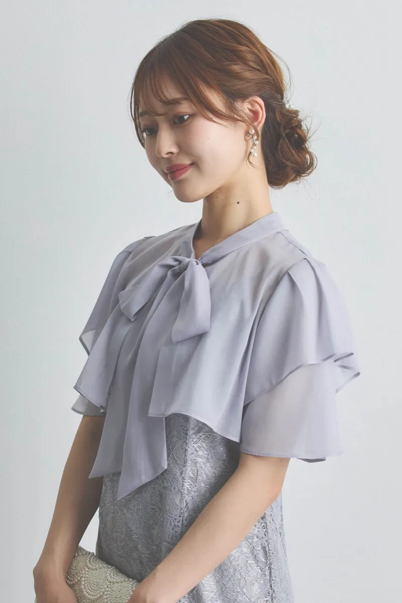 ブルーグレーのリボンブラウス付きマーメイドドレス