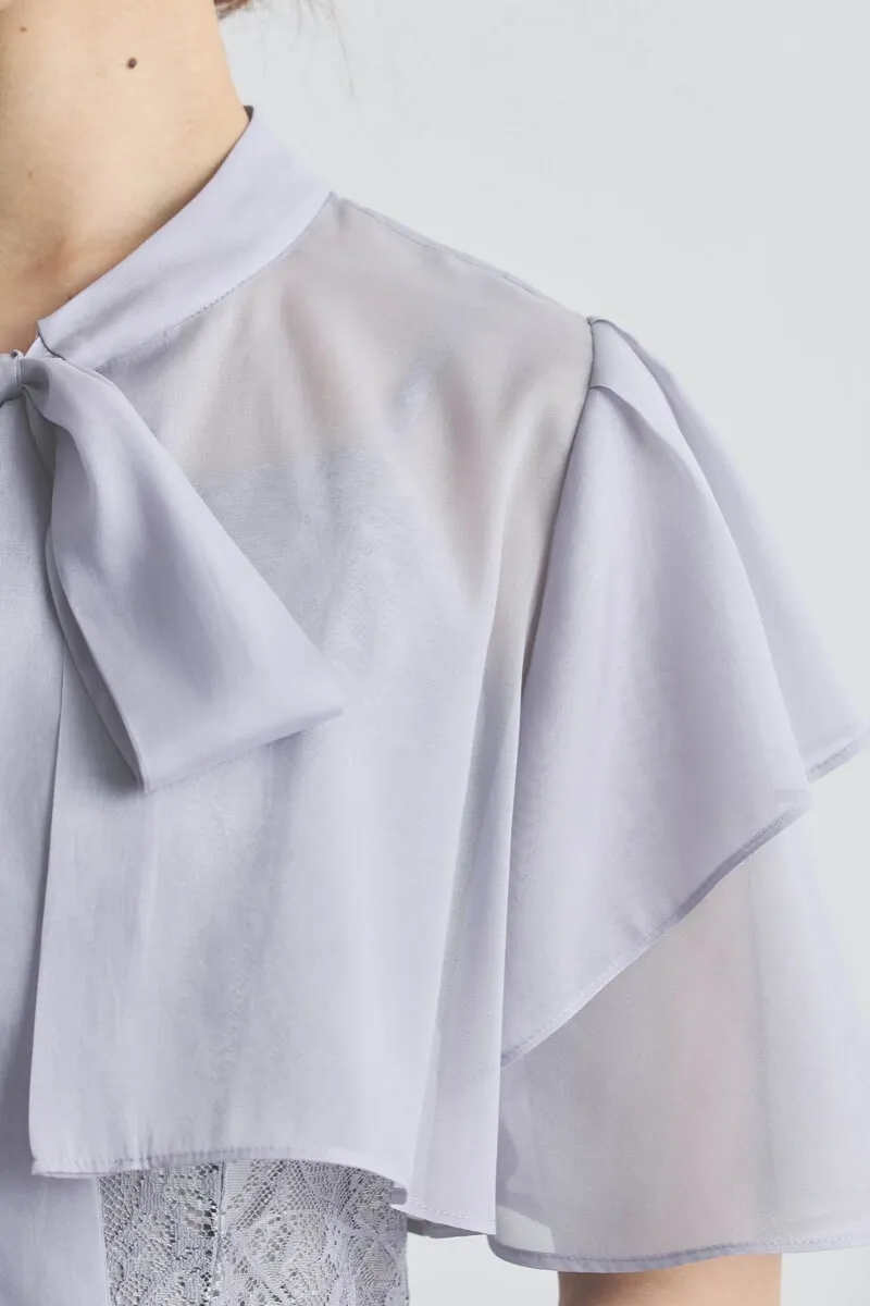 ブルーグレーのリボンブラウス付きマーメイドドレス