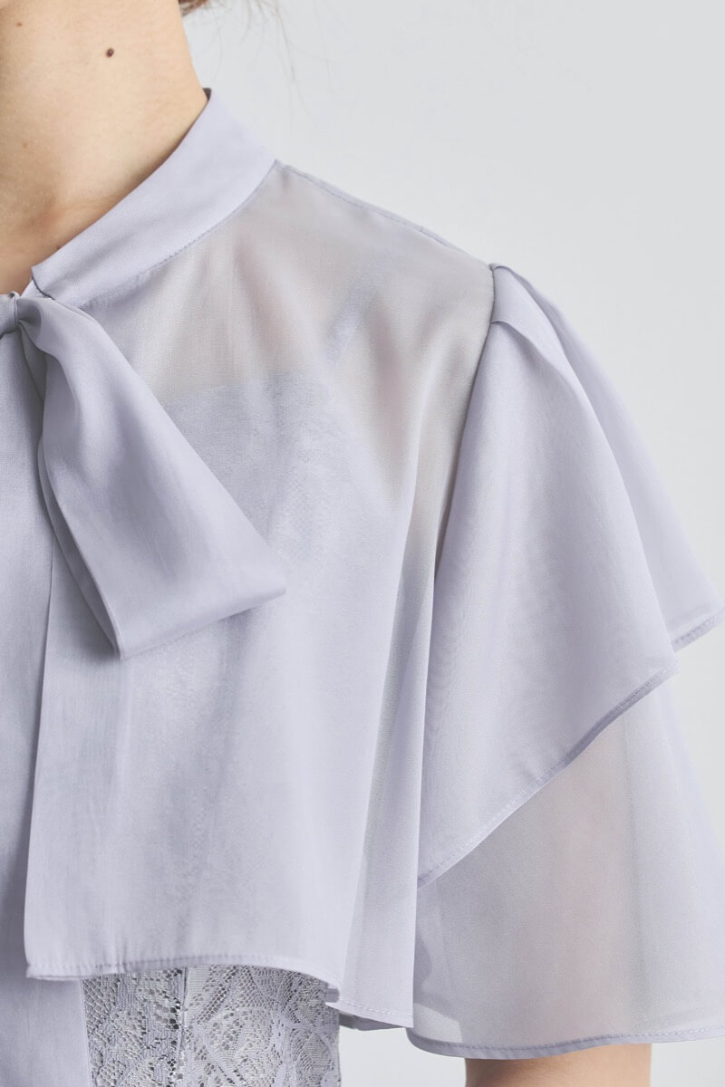 ブルーグレーのリボンブラウス付きマーメイドドレス