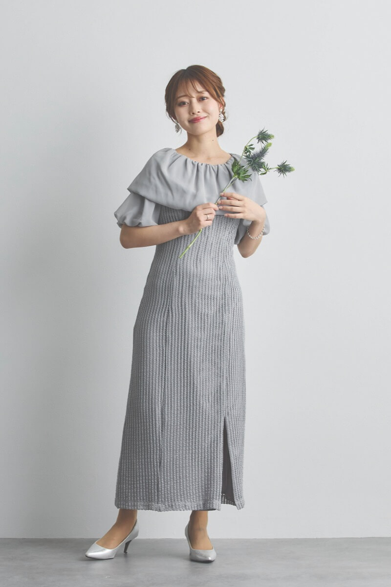 グレーの2wayオフショルサイドスリットドレス