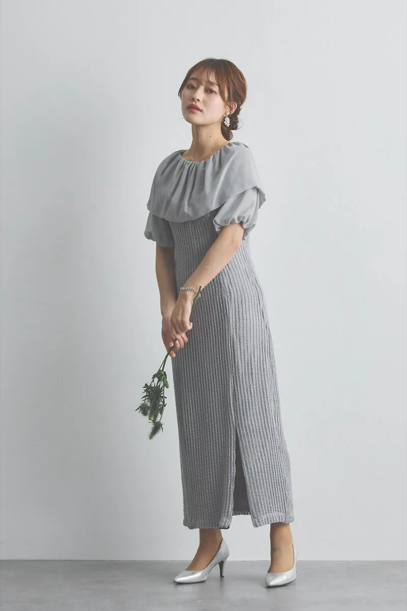 グレーの2wayオフショルサイドスリットドレス