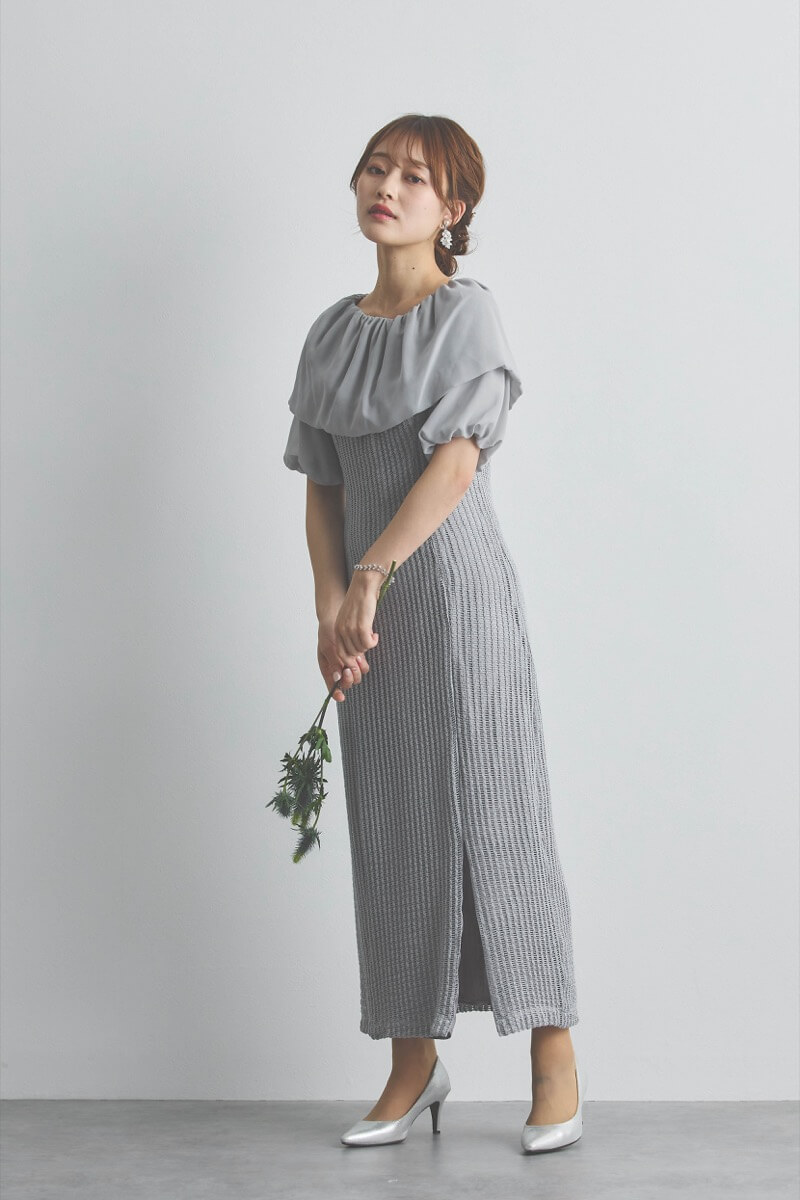 グレーの2wayオフショルサイドスリットドレス