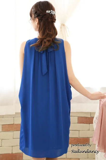 ブルーのバックリボンコクーンシルエットシフォンドレス