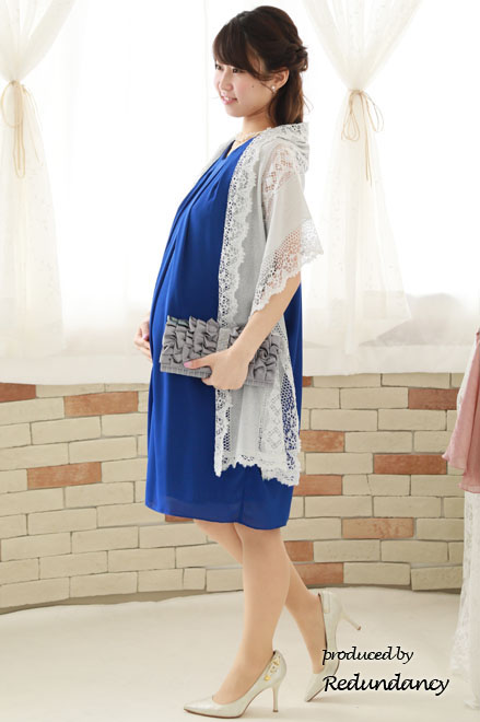 ブルーのバックリボンコクーンシルエットシフォンドレス