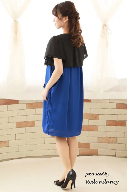 ブルーのバックリボンコクーンシルエットシフォンドレス