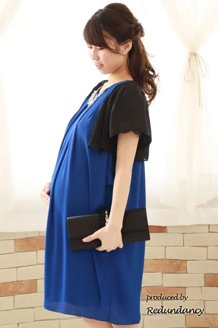 ブルーのバックリボンコクーンシルエットシフォンドレス