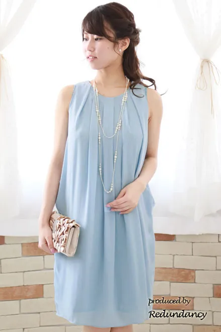 スカイブルーのバックリボンコクーンシルエットシフォンドレス
