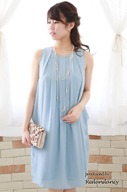 スカイブルーのバックリボンコクーンシルエットシフォンドレス