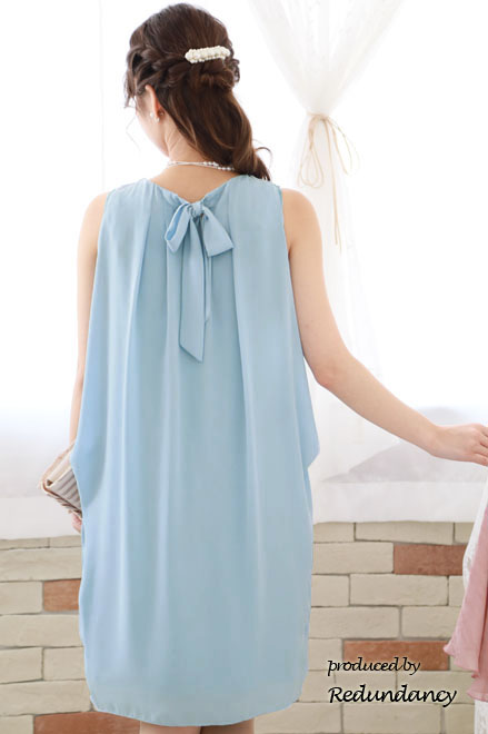 スカイブルーのバックリボンコクーンシルエットシフォンドレス