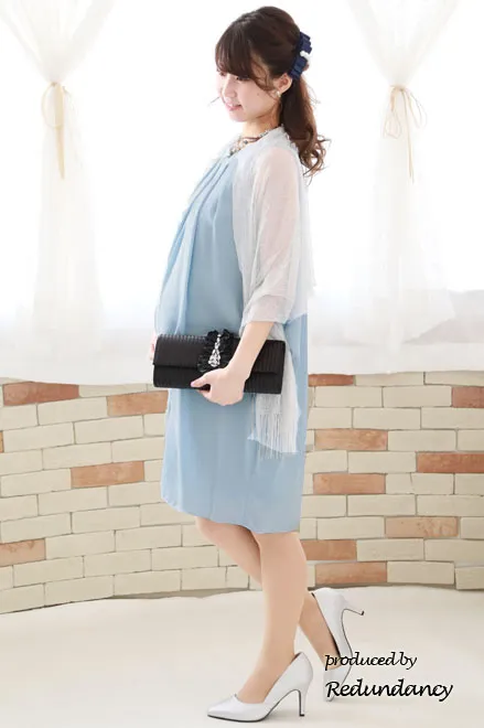 スカイブルーのバックリボンコクーンシルエットシフォンドレス