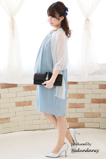 スカイブルーのバックリボンコクーンシルエットシフォンドレス