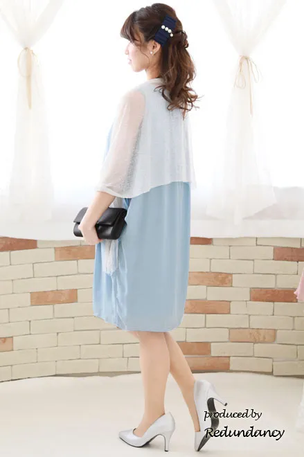 スカイブルーのバックリボンコクーンシルエットシフォンドレス
