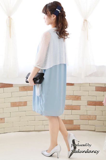 スカイブルーのバックリボンコクーンシルエットシフォンドレス