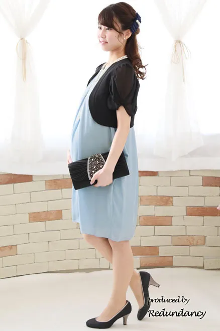 スカイブルーのバックリボンコクーンシルエットシフォンドレス