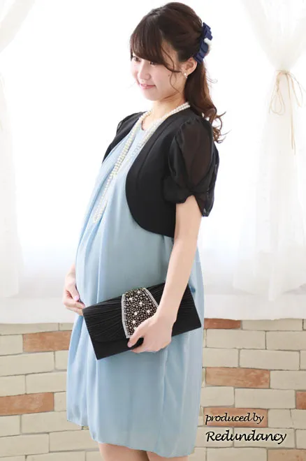 スカイブルーのバックリボンコクーンシルエットシフォンドレス