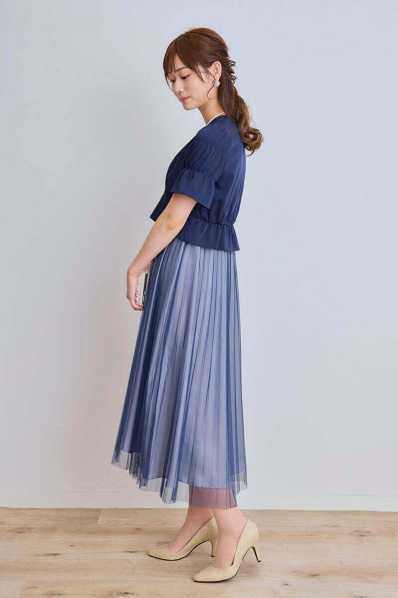 ネイビーのカシュクールデザインドレス