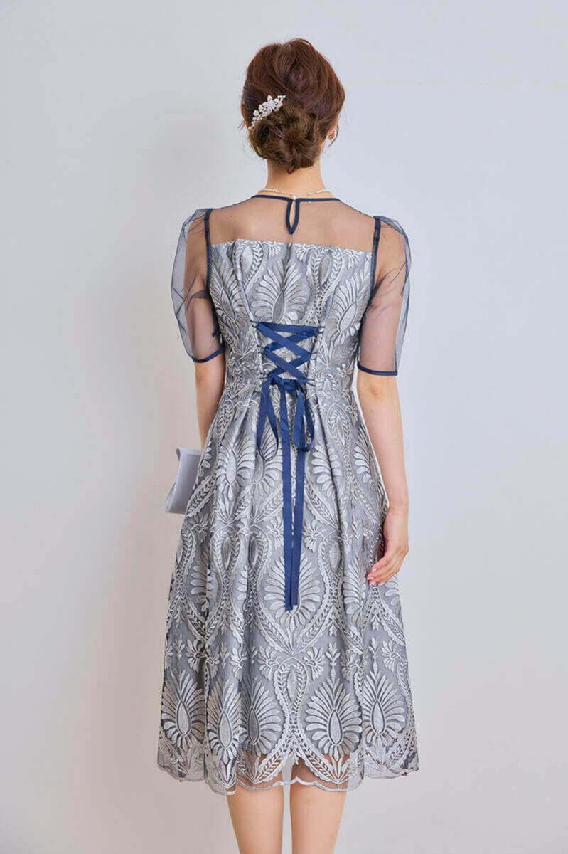 ネイビーのダマスク柄シアードレス