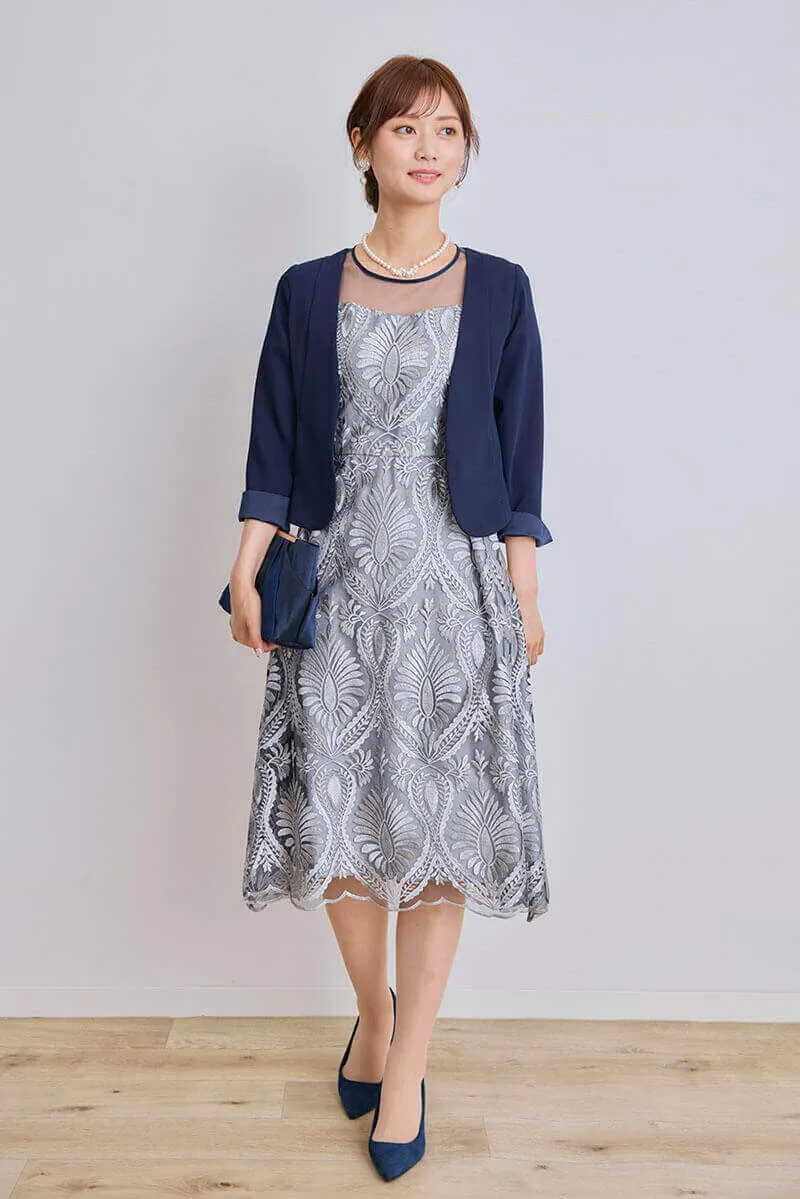 ネイビーのダマスク柄シアードレス