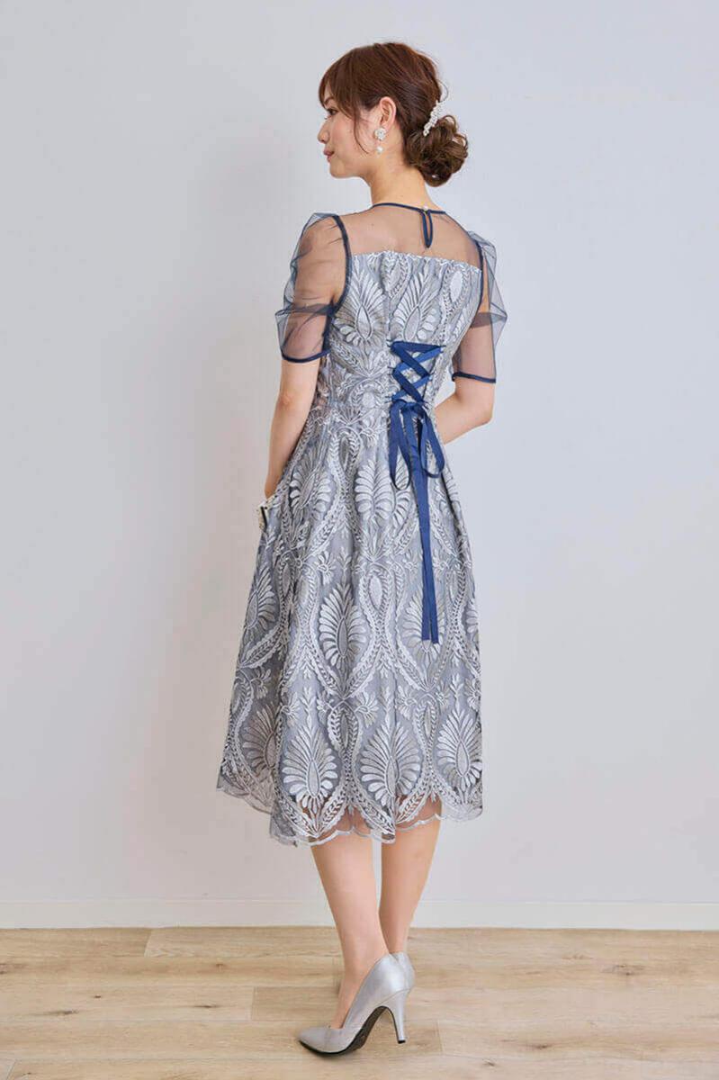 ネイビーのダマスク柄シアードレス