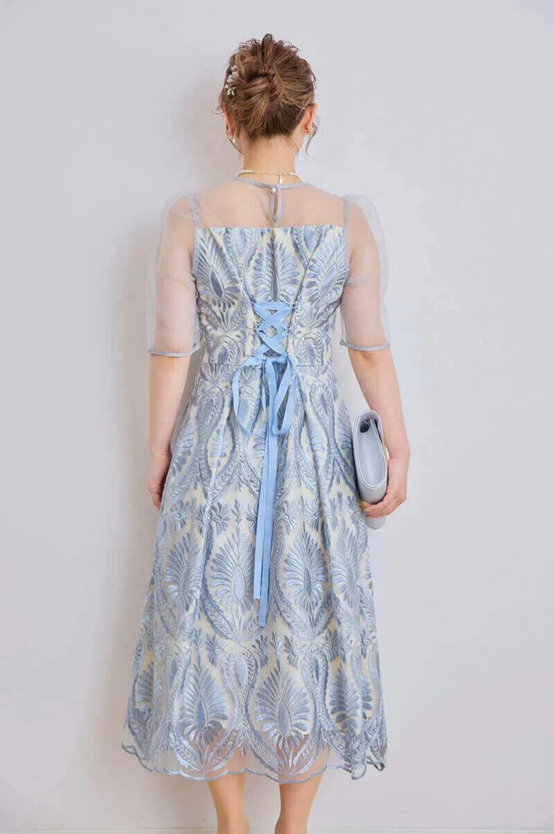 アイスブルーのダマスク柄シアードレス