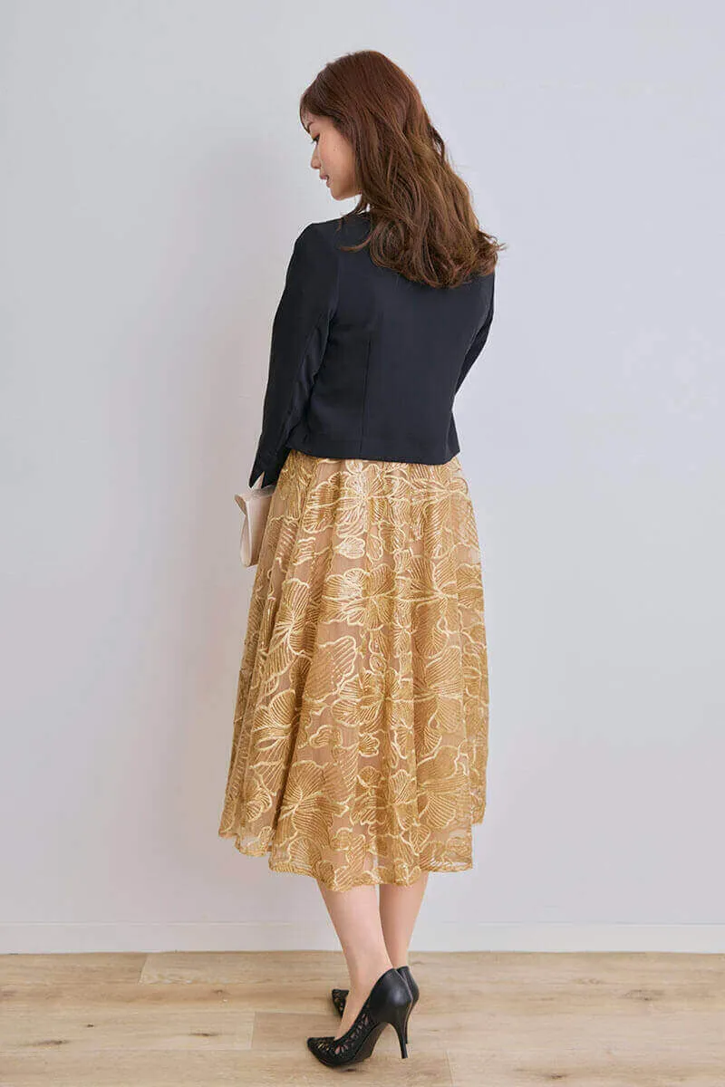 ゴールドの花柄刺繍グリッタードレス