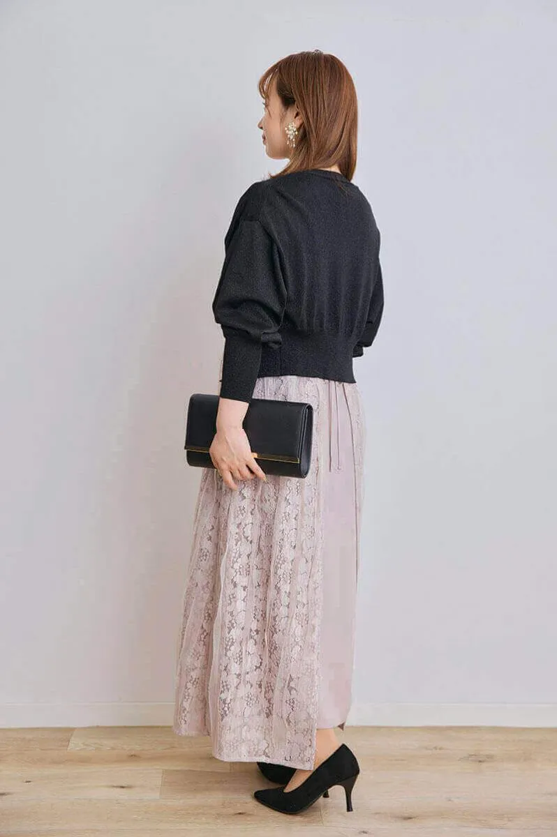 ピンクベージュのリボンチュールエプロンドレス