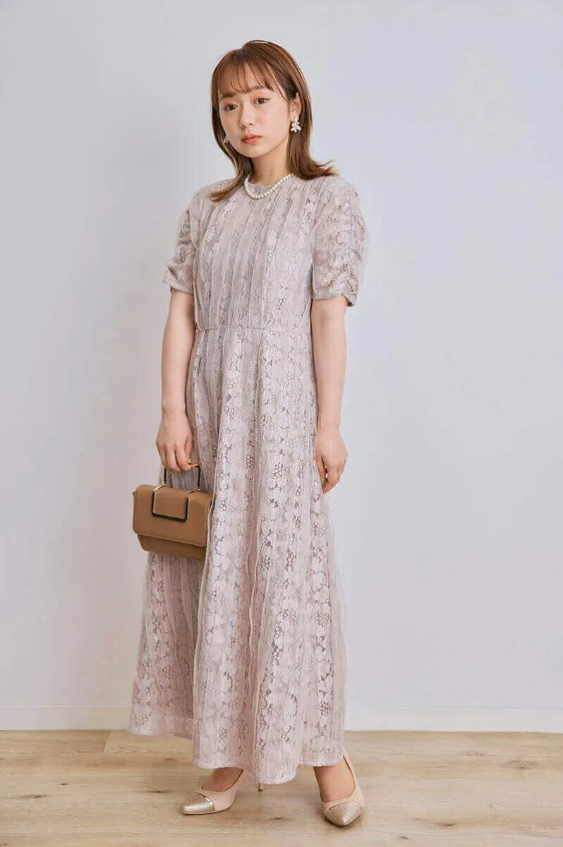 ピンクベージュのリボンチュールエプロンドレス