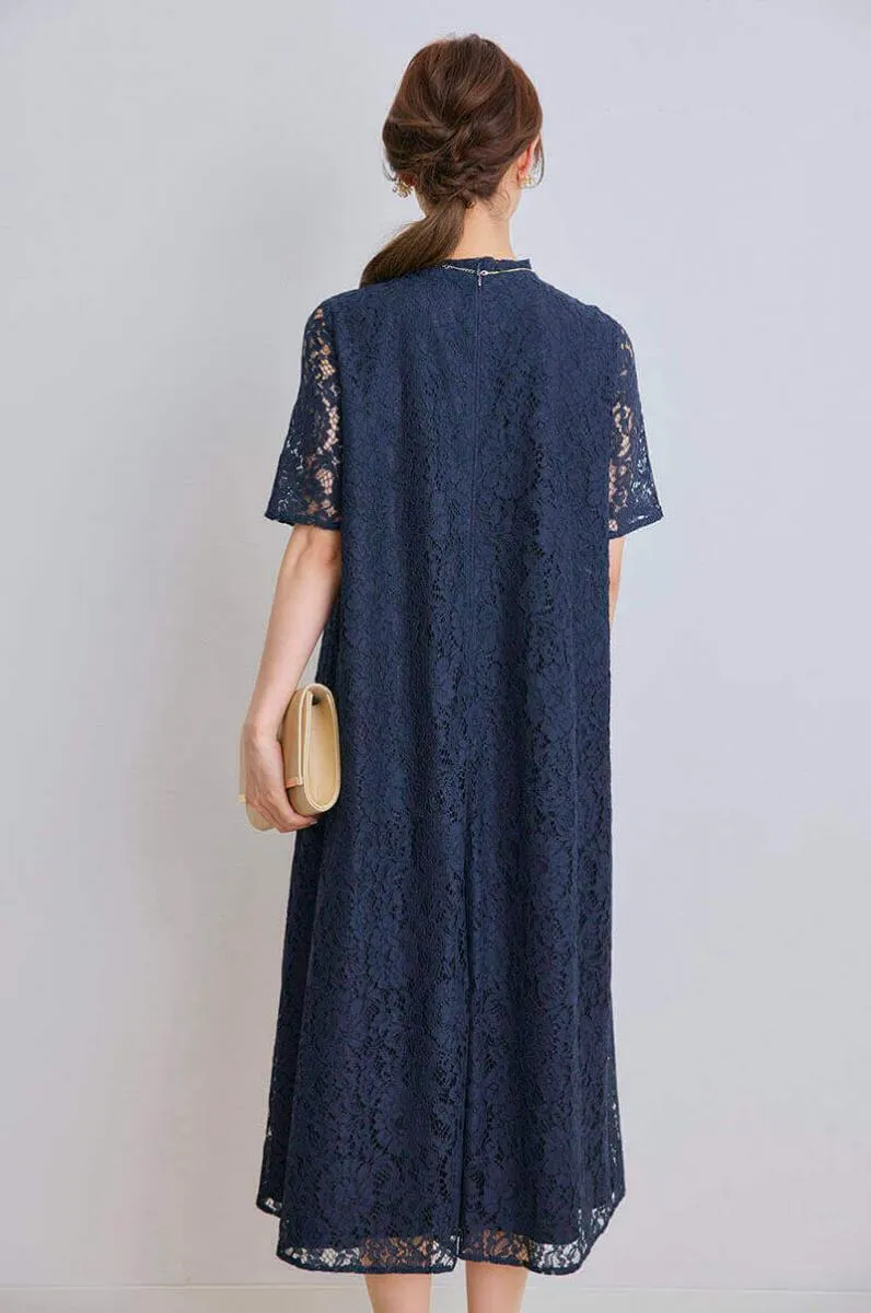 ネイビーのオールレース半袖ドレス