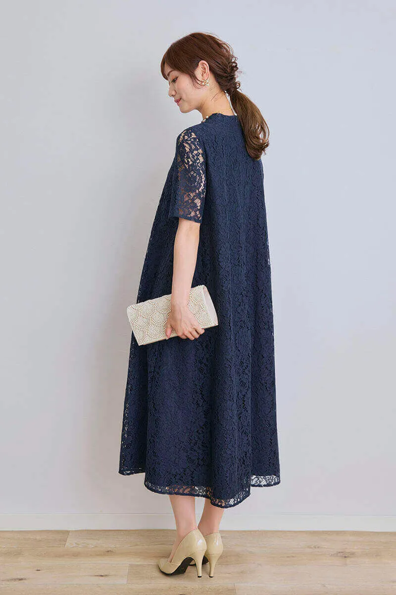 ネイビーのオールレース半袖ドレス
