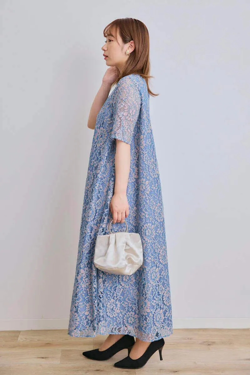 ブルー×ピンクのオールレース半袖ドレス