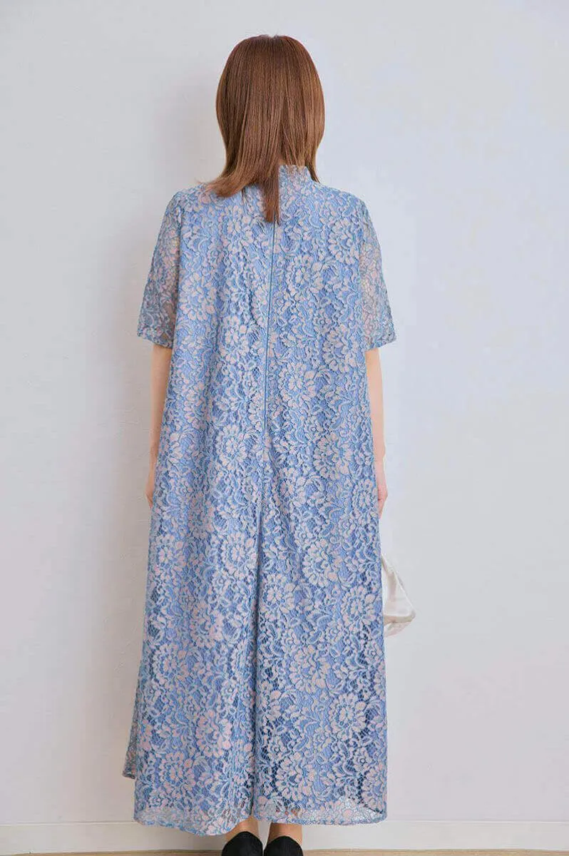 ブルー×ピンクのオールレース半袖ドレス