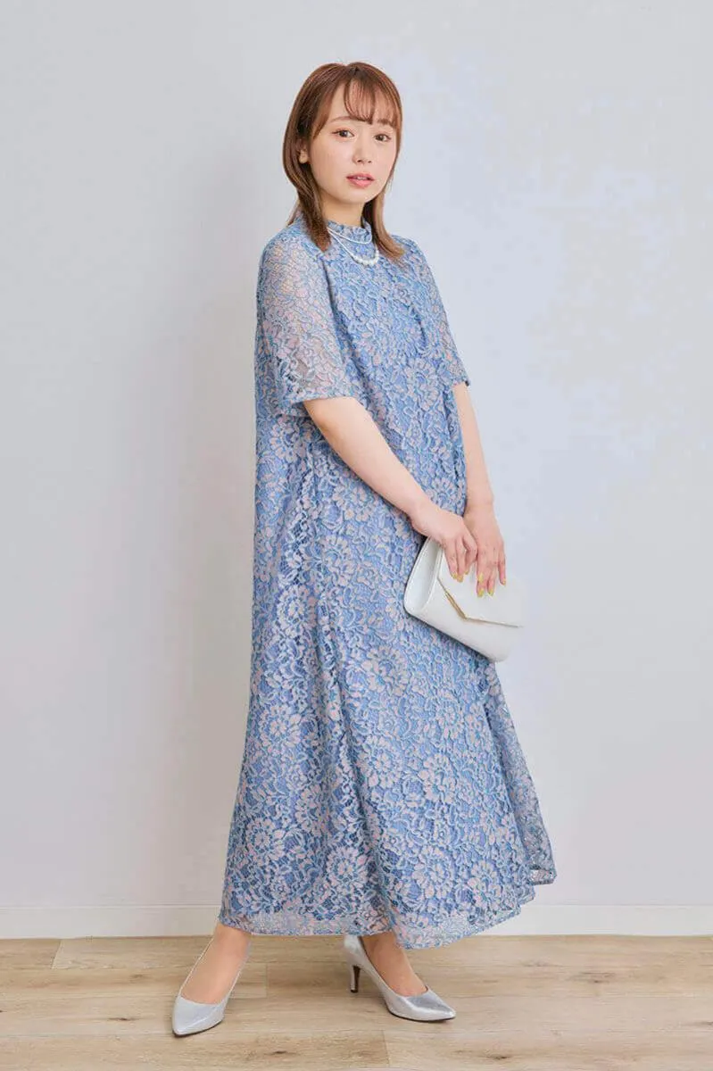 ブルー×ピンクのオールレース半袖ドレス