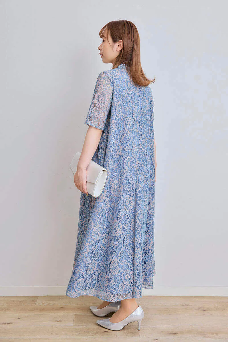ブルー×ピンクのオールレース半袖ドレス