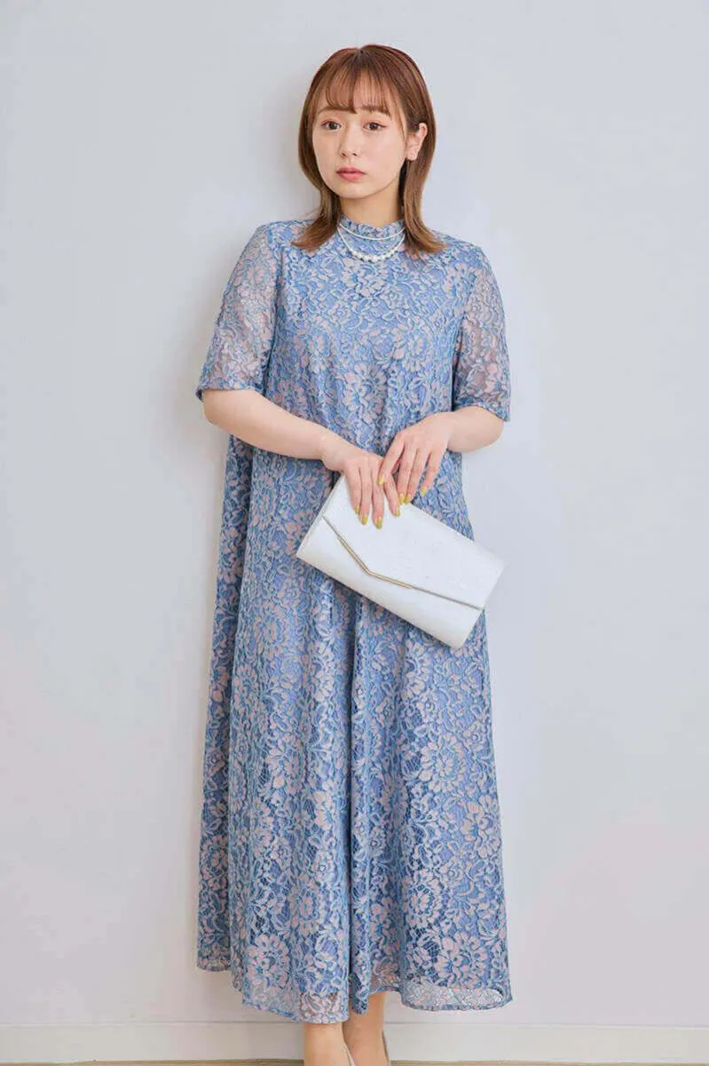 ブルー×ピンクのオールレース半袖ドレス