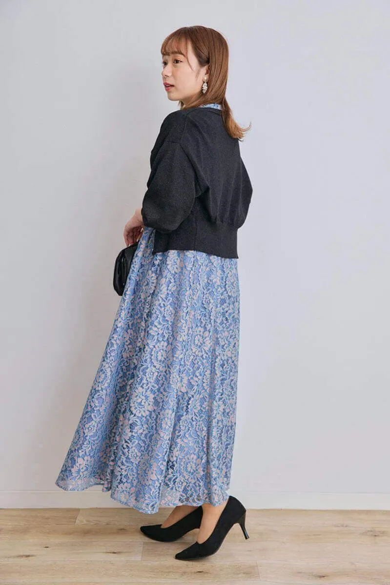 ブルー×ピンクのオールレース半袖ドレス