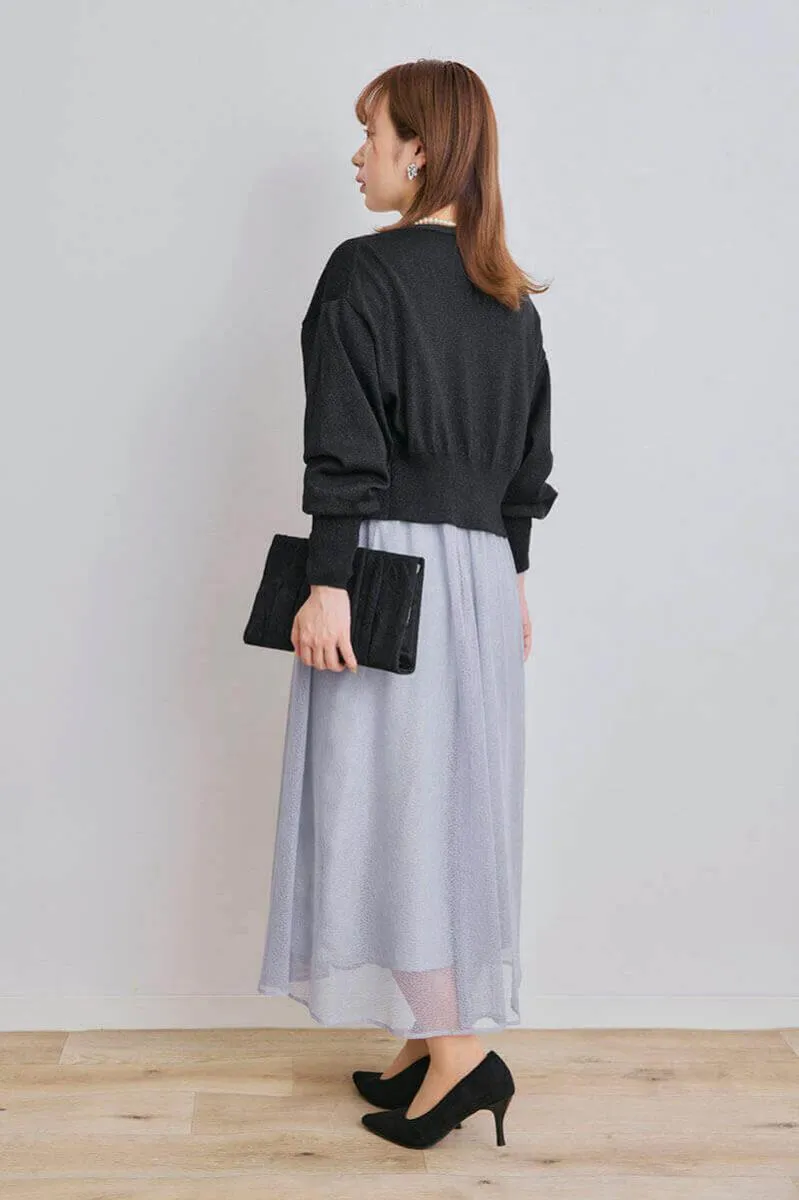 ブルーグレーの幾何学チュールドレス