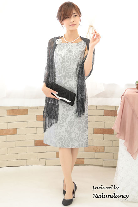 シルバーのハイウエスト切替花柄シャンタンドレス