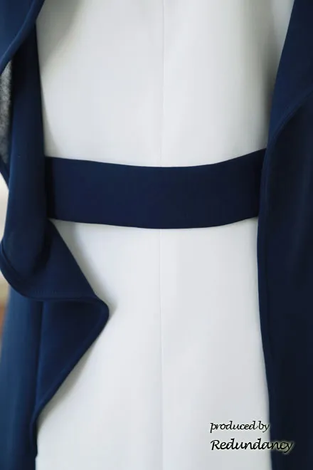 ネイビー×ホワイトのショルダーフリルバイカラードレス