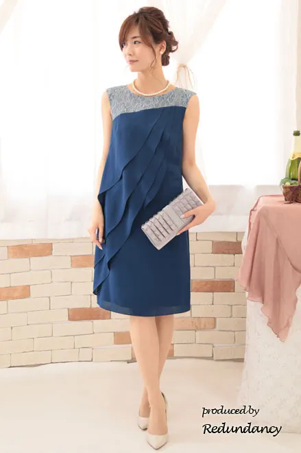 ブルーのレース切替アシンメトリーフリルドレス