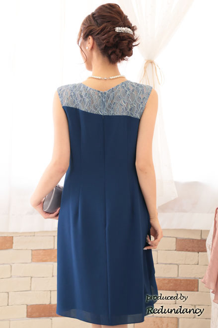 ブルーのレース切替アシンメトリーフリルドレス