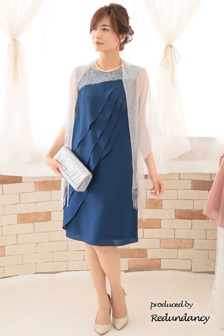 ブルーのレース切替アシンメトリーフリルドレス