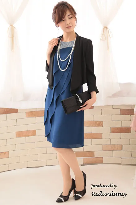 ブルーのレース切替アシンメトリーフリルドレス