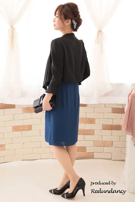 ブルーのレース切替アシンメトリーフリルドレス