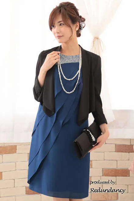 ブルーのレース切替アシンメトリーフリルドレス