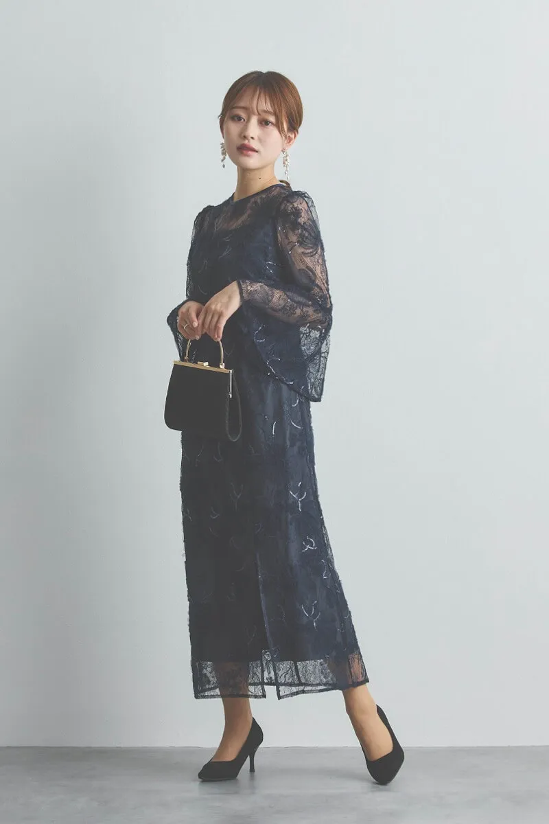 ネイビーのスパンコール刺繍Iラインドレス