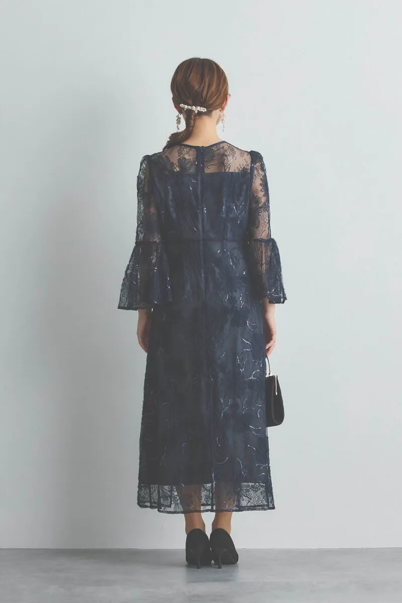 ネイビーのスパンコール刺繍Iラインドレス